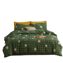 Customized Green Plaid Ground with Blooming Daisy Bedding Sets 3 Pieces Cozy Duvet Cover Set